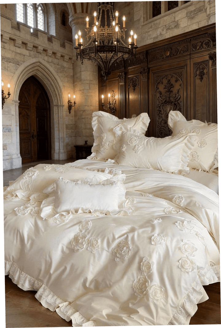 The 'Manor Lace' Ivory & Floral Embroidered Bedding Set - WonderlandByLilian