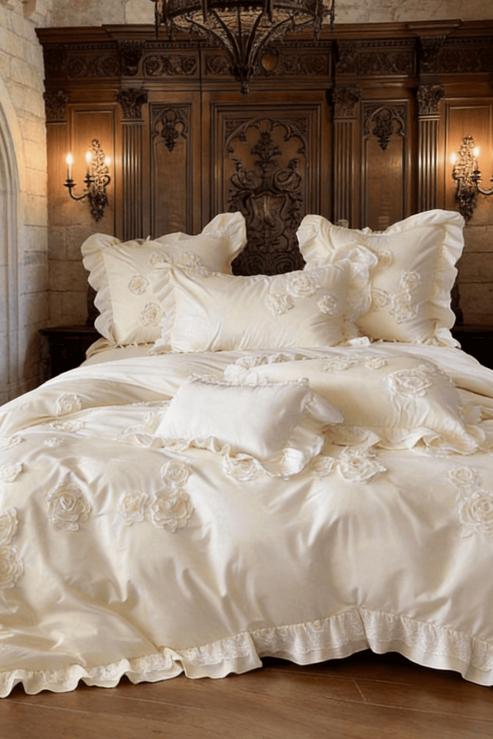 The 'Manor Lace' Ivory & Floral Embroidered Bedding Set - WonderlandByLilian