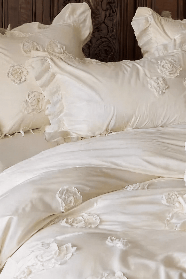 The 'Manor Lace' Ivory & Floral Embroidered Bedding Set - WonderlandByLilian