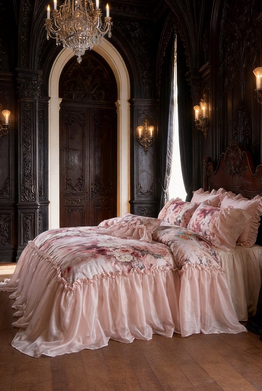 The 'Roseraie Lumière' Ruffled Floral Tencel Cotton Bedding Set - WonderlandByLilian