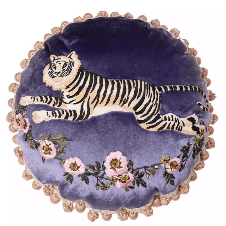 “The Velvet Sprint” – Embroidered Tiger Round Velvet Cushion with Tassel Trim - WonderlandByLilian