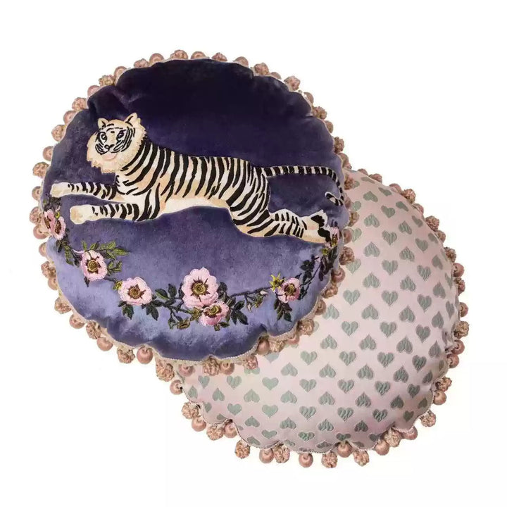 “The Velvet Sprint” – Embroidered Tiger Round Velvet Cushion with Tassel Trim - WonderlandByLilian