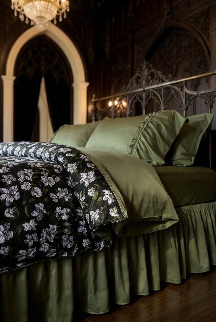 The 'Verdant Nocturne' Botanical Cotton Velvet Bedding Set - WonderlandByLilian