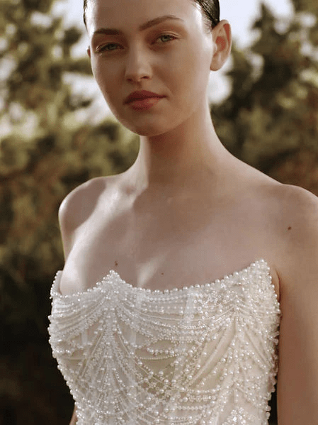 Tiered Bridal Gown with Beaded Corset and Pearl Embroidery – Strapless Wedding Dress - Wedding Dress Corset with Pearl Beading Plus Size - Diana - WonderlandByLilian
