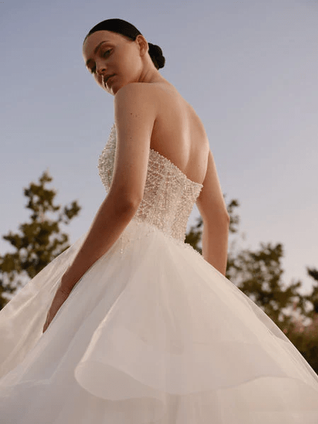 Tiered Bridal Gown with Beaded Corset and Pearl Embroidery – Strapless Wedding Dress - Wedding Dress Corset with Pearl Beading Plus Size - Diana - WonderlandByLilian