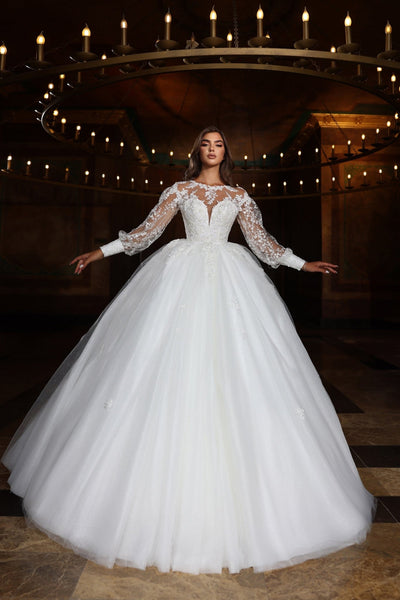 Timeless Ball Gown Wedding Dress with Plunging V-Neck and Delicate Lace Sleeves Plus Size - WonderlandByLilian