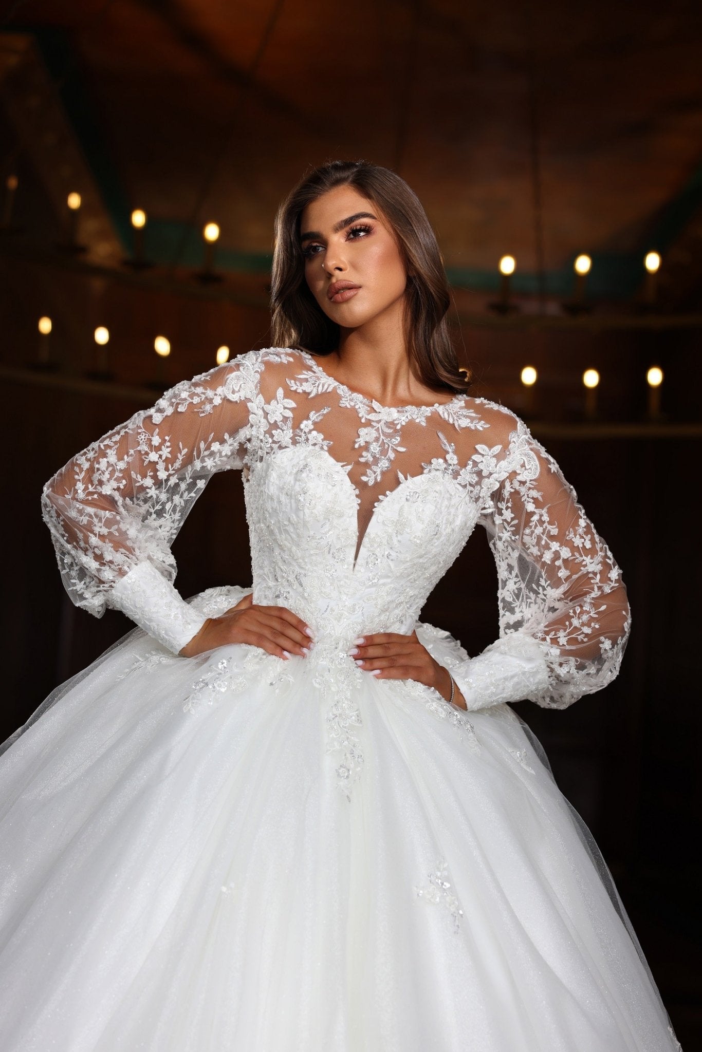 Timeless Ball Gown Wedding Dress with Plunging V-Neck and Delicate Lace Sleeves Plus Size - WonderlandByLilian