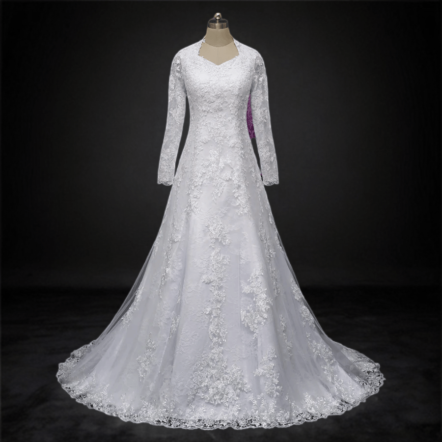 Timeless Beauty: Modest A-Line Lace Wedding Dress with Long Sleeves - WonderlandByLilian