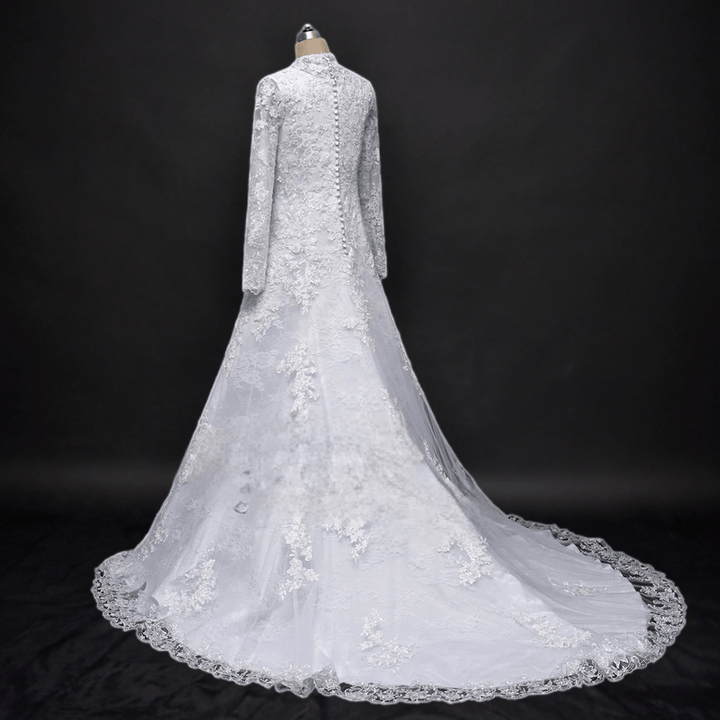 Timeless Beauty: Modest A-Line Lace Wedding Dress with Long Sleeves - WonderlandByLilian