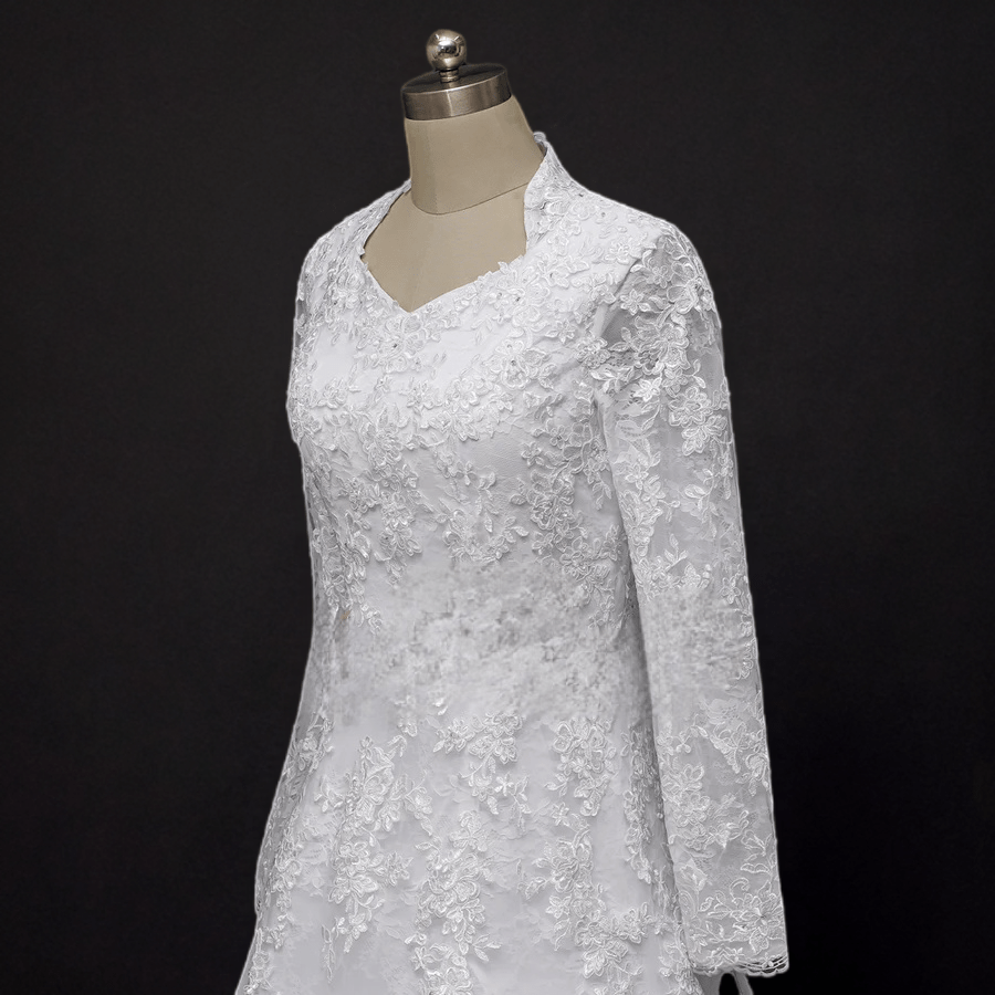 Timeless Beauty: Modest A-Line Lace Wedding Dress with Long Sleeves - WonderlandByLilian