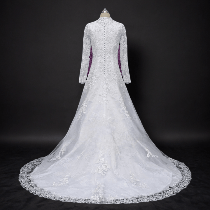 Timeless Beauty: Modest A-Line Lace Wedding Dress with Long Sleeves - WonderlandByLilian