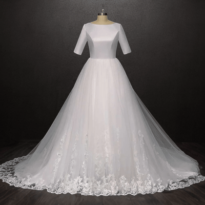 Timeless Beauty: Modest Satin Lace Wedding Dress with Sleeves - WonderlandByLilian