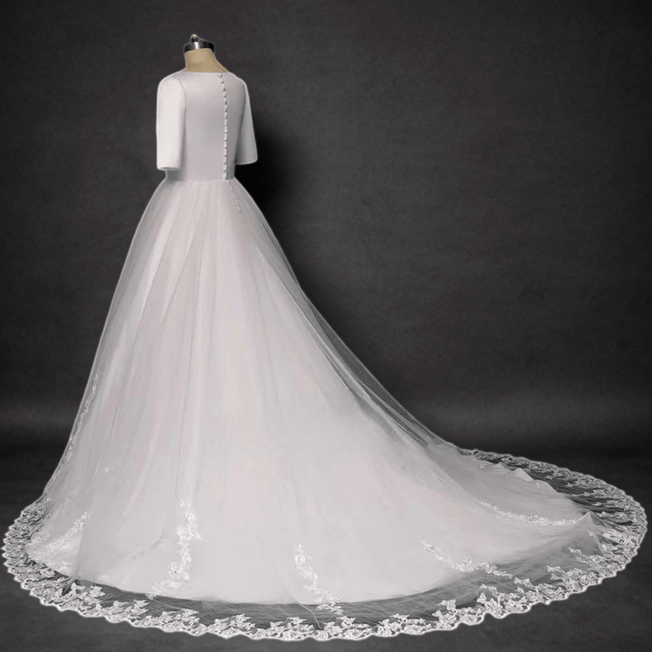 Timeless Beauty: Modest Satin Lace Wedding Dress with Sleeves - WonderlandByLilian