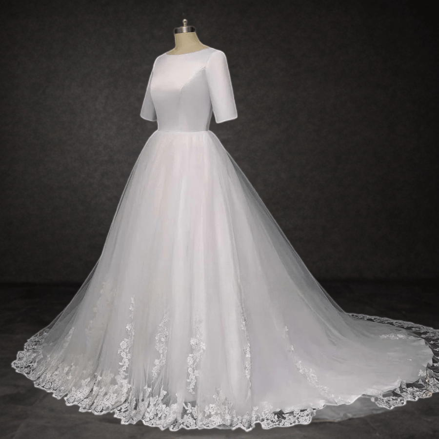 Timeless Beauty: Modest Satin Lace Wedding Dress with Sleeves - WonderlandByLilian