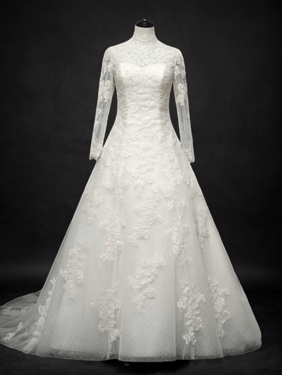 Timeless Beauty: Vintage Style Modest Lace Wedding Dress with High Neck - WonderlandByLilian