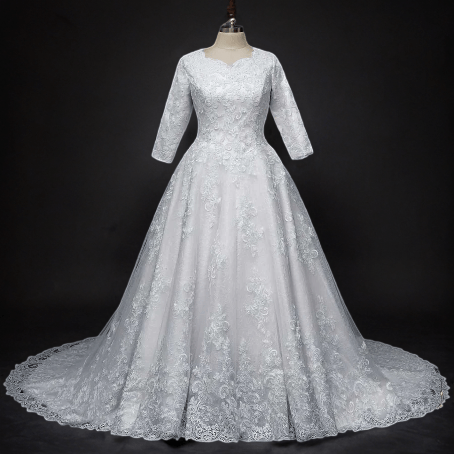 Timeless Charm: Classic Modest Lace Ball Gown Wedding Dress with Sleeves - WonderlandByLilian