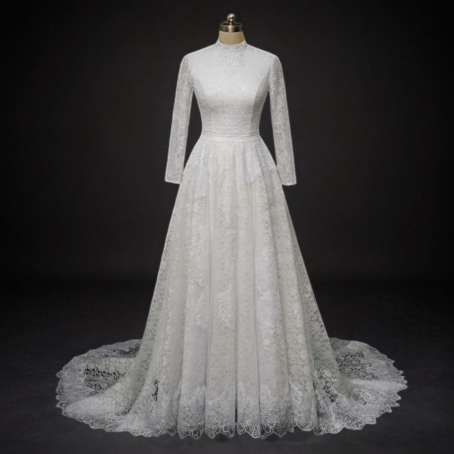 Timeless Elegance: Modest English Lace Wedding Dress with Sleeves - WonderlandByLilian