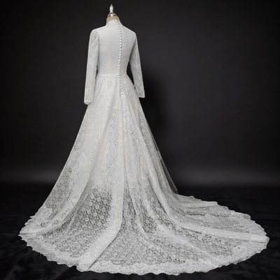Timeless Elegance: Modest English Lace Wedding Dress with Sleeves - WonderlandByLilian