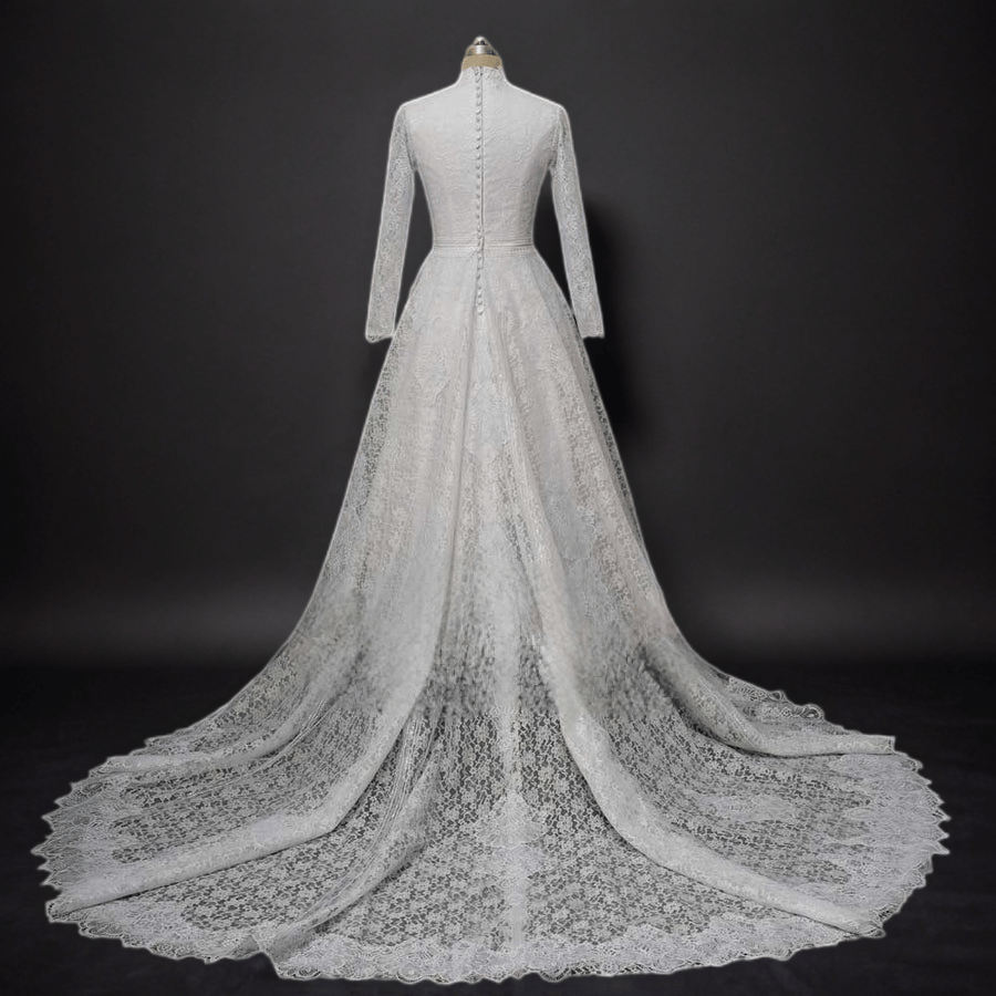 Timeless Elegance: Modest English Lace Wedding Dress with Sleeves - WonderlandByLilian