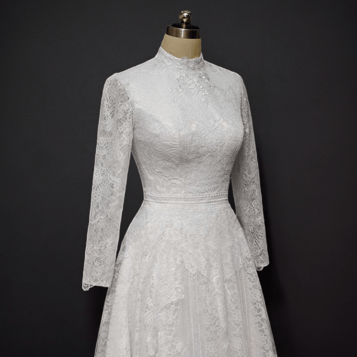 Timeless Elegance: Modest English Lace Wedding Dress with Sleeves - WonderlandByLilian