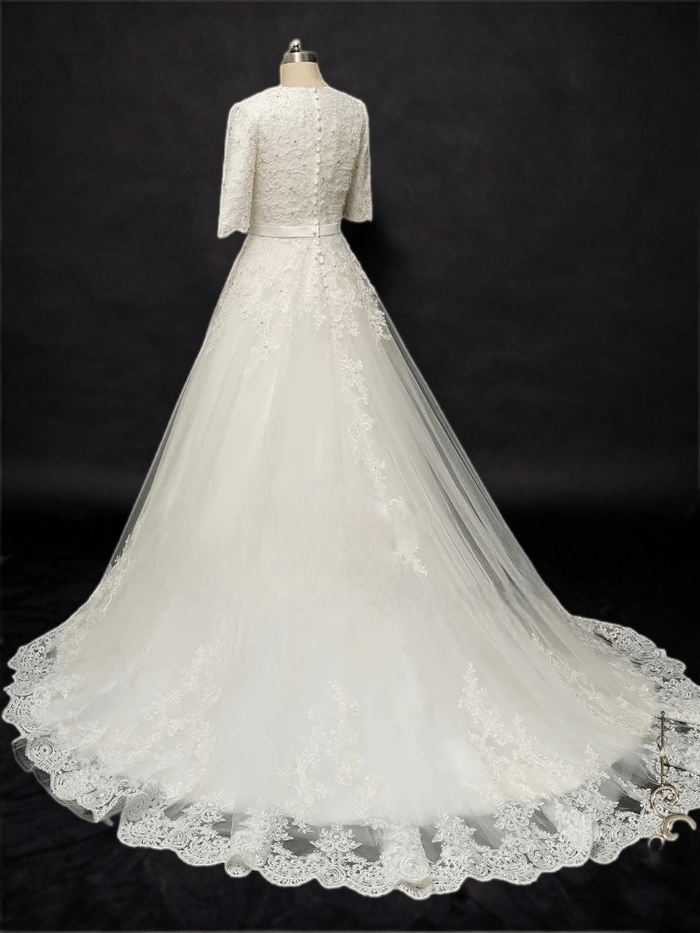 Timeless Elegance: Modest Lace Wedding Dress with Half Sleeves - WonderlandByLilian