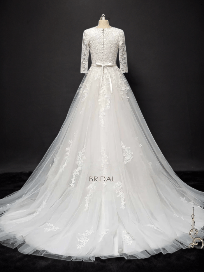 Timeless Elegance: Modest Lace Wedding Dress with Half Sleeves - WonderlandByLilian