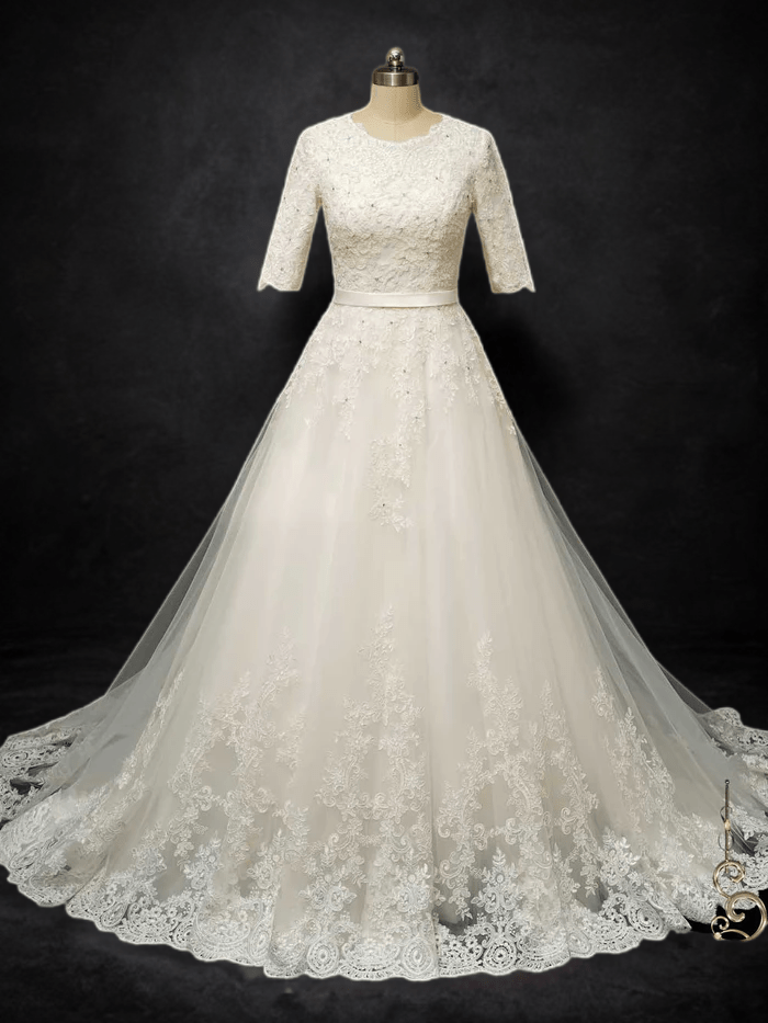 Timeless Elegance: Modest Lace Wedding Dress with Half Sleeves - WonderlandByLilian