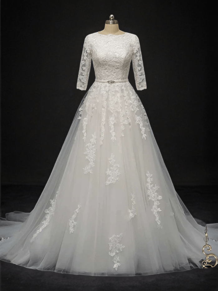 Timeless Elegance: Modest Lace Wedding Dress with Half Sleeves - WonderlandByLilian