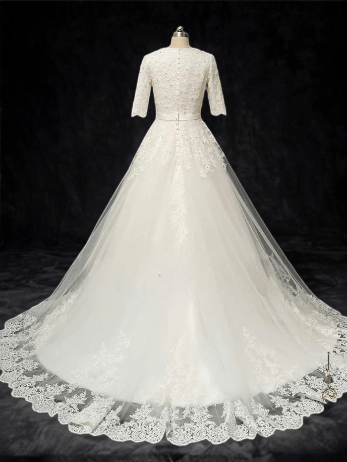 Timeless Elegance: Modest Lace Wedding Dress with Half Sleeves - WonderlandByLilian