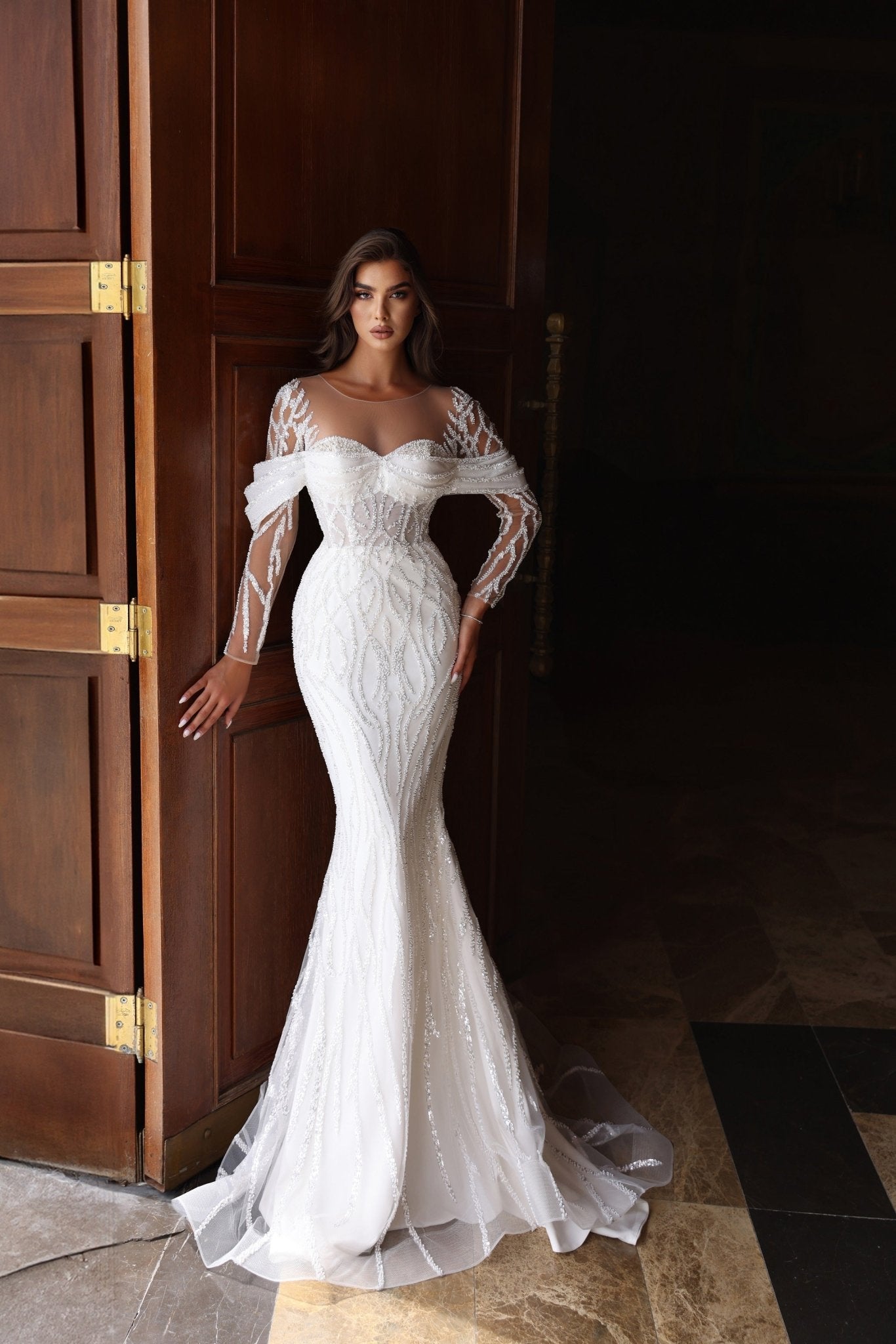 Timeless Elegance Off-the-Shoulder Lace Wedding Dress with Sheer Sleeves Plus Size - WonderlandByLilian