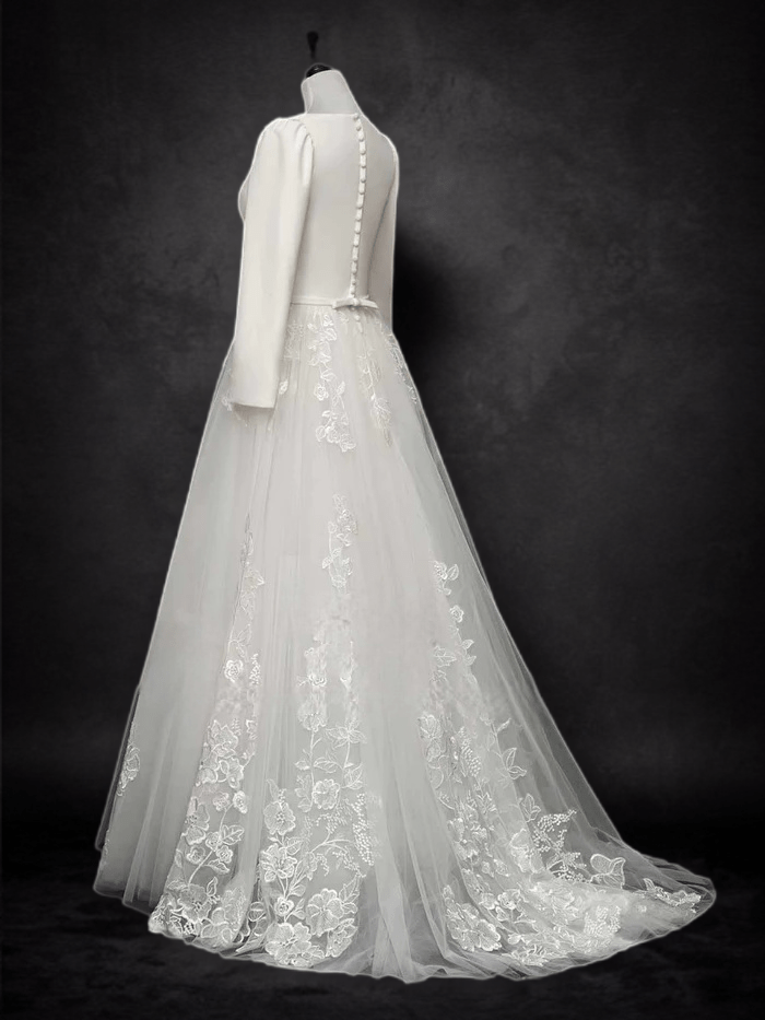 Timeless Minimalism: Modest Long Sleeves Wedding Dress with Lace Skirt - WonderlandByLilian
