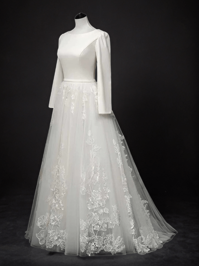 Timeless Minimalism: Modest Long Sleeves Wedding Dress with Lace Skirt - WonderlandByLilian