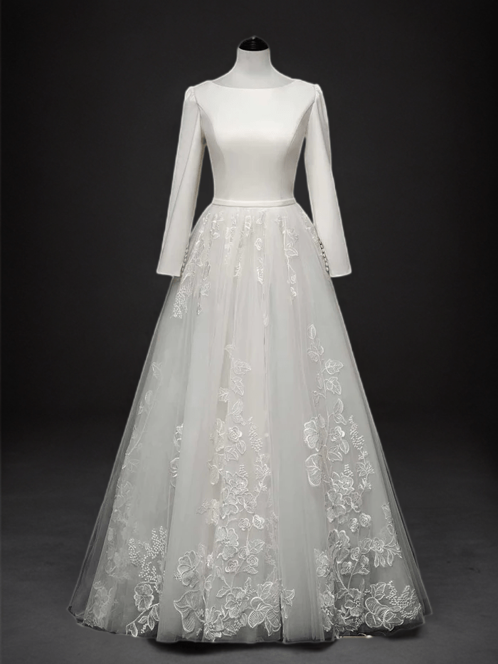 Timeless Minimalism: Modest Long Sleeves Wedding Dress with Lace Skirt - WonderlandByLilian