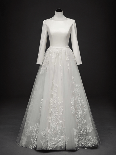 Timeless Minimalism: Modest Long Sleeves Wedding Dress with Lace Skirt - WonderlandByLilian