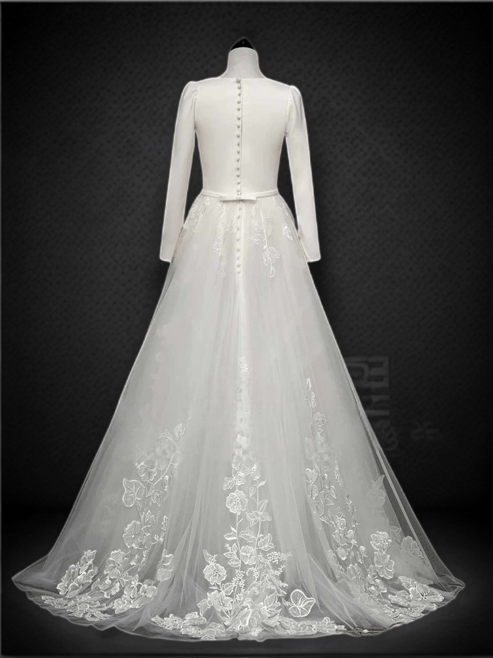 Timeless Minimalism: Modest Long Sleeves Wedding Dress with Lace Skirt - WonderlandByLilian