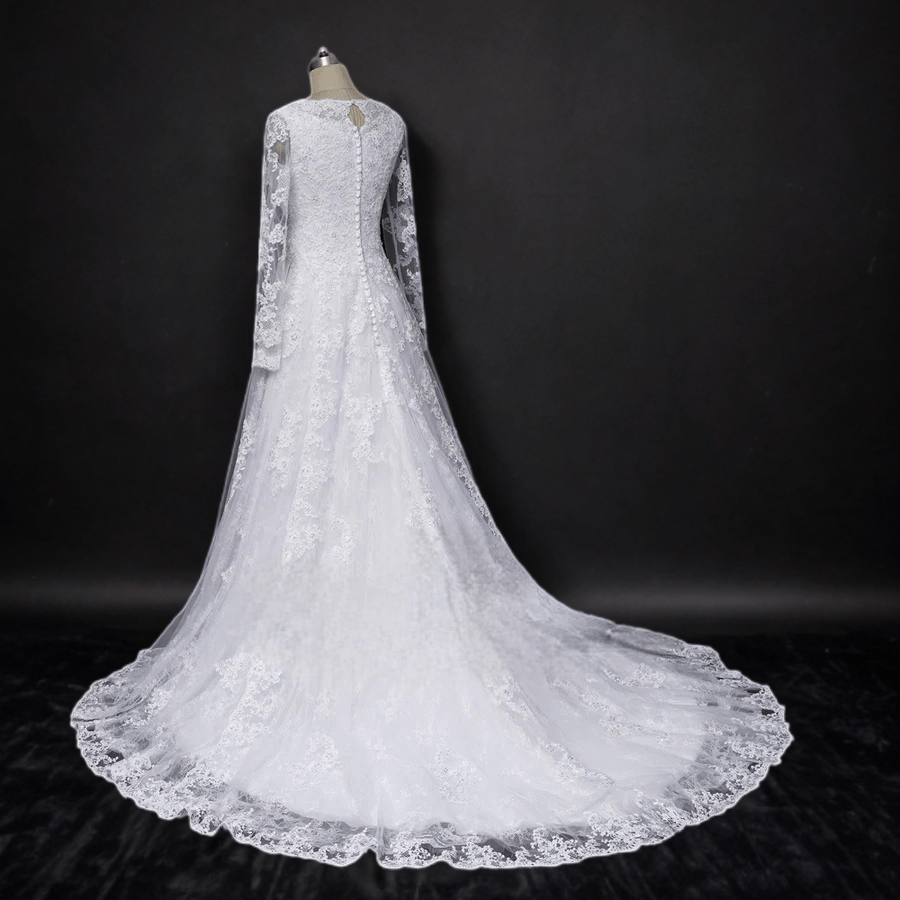 Timeless Romance: Classic Modest Lace A-Line Wedding Dress with Long Sleeves - WonderlandByLilian