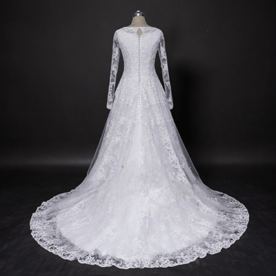 Timeless Romance: Classic Modest Lace A-Line Wedding Dress with Long Sleeves - WonderlandByLilian