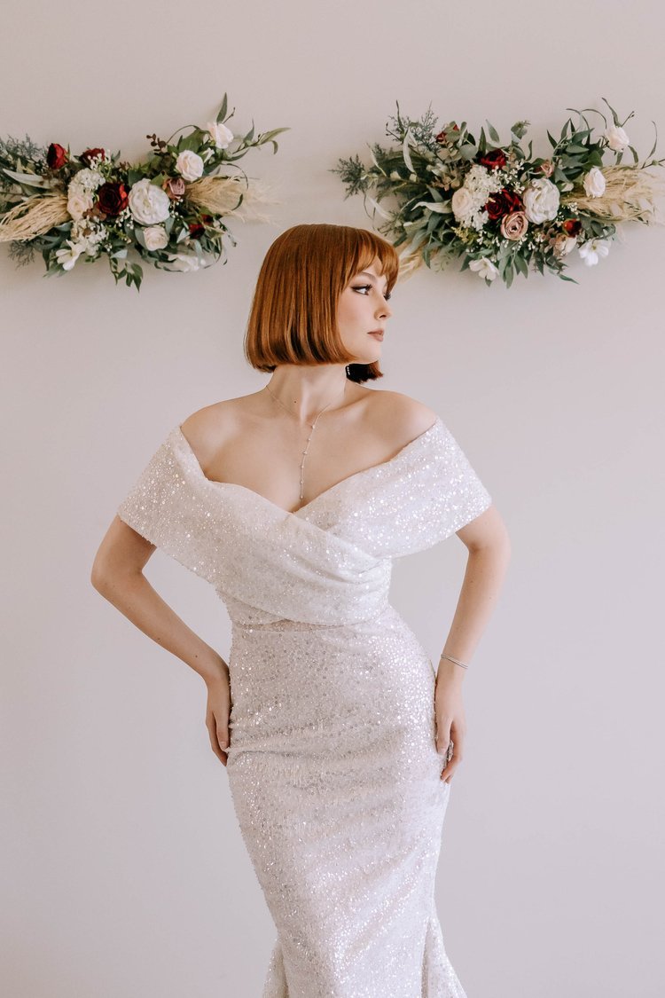 Timeless Sequined Wedding Gown with Off-Shoulder Sleeves Plus Size - ISLA - WonderlandByLilian