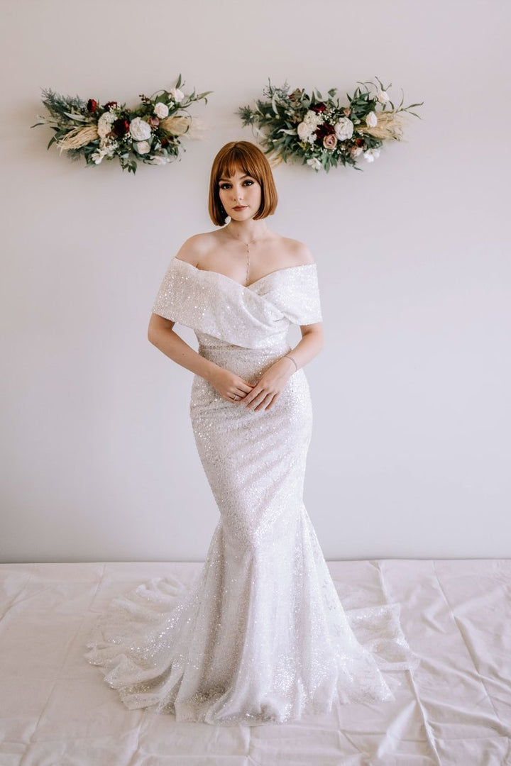 Timeless Sequined Wedding Gown with Off-Shoulder Sleeves Plus Size - ISLA - WonderlandByLilian