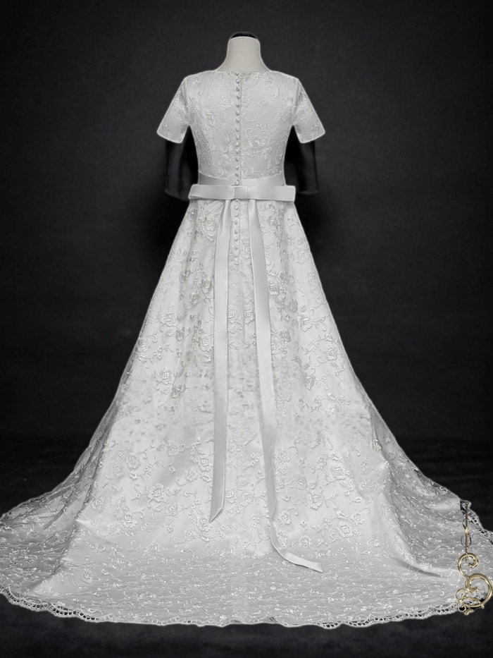 Timeless Sophistication: Modest Lace A-Line Wedding Dress with Short Sleeves - WonderlandByLilian