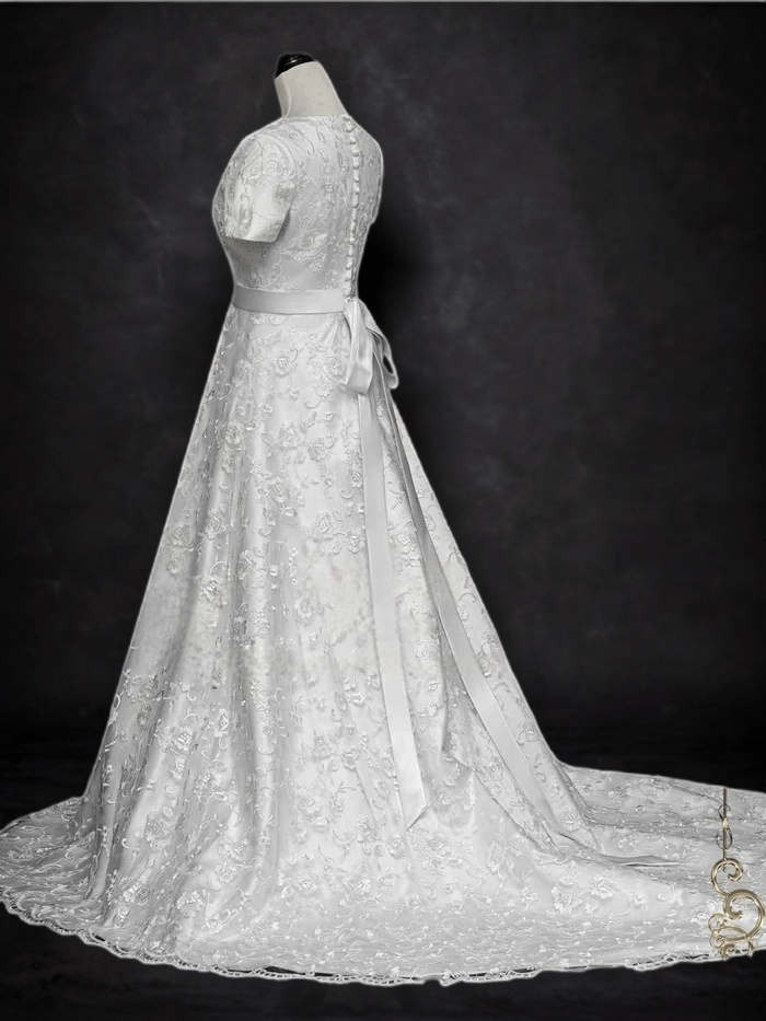 Timeless Sophistication: Modest Lace A-Line Wedding Dress with Short Sleeves - WonderlandByLilian