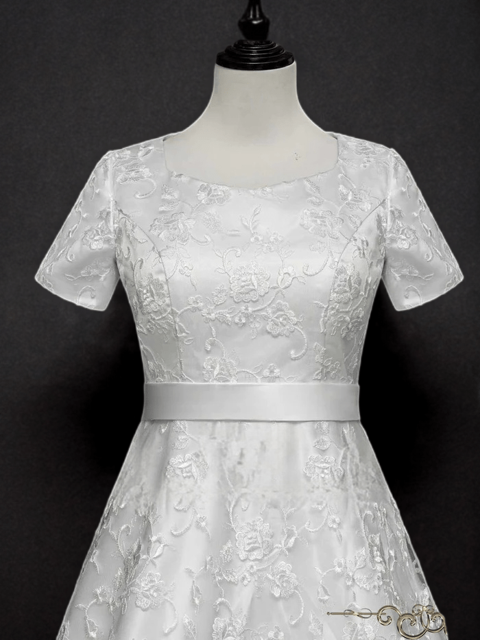 Timeless Sophistication: Modest Lace A-Line Wedding Dress with Short Sleeves - WonderlandByLilian