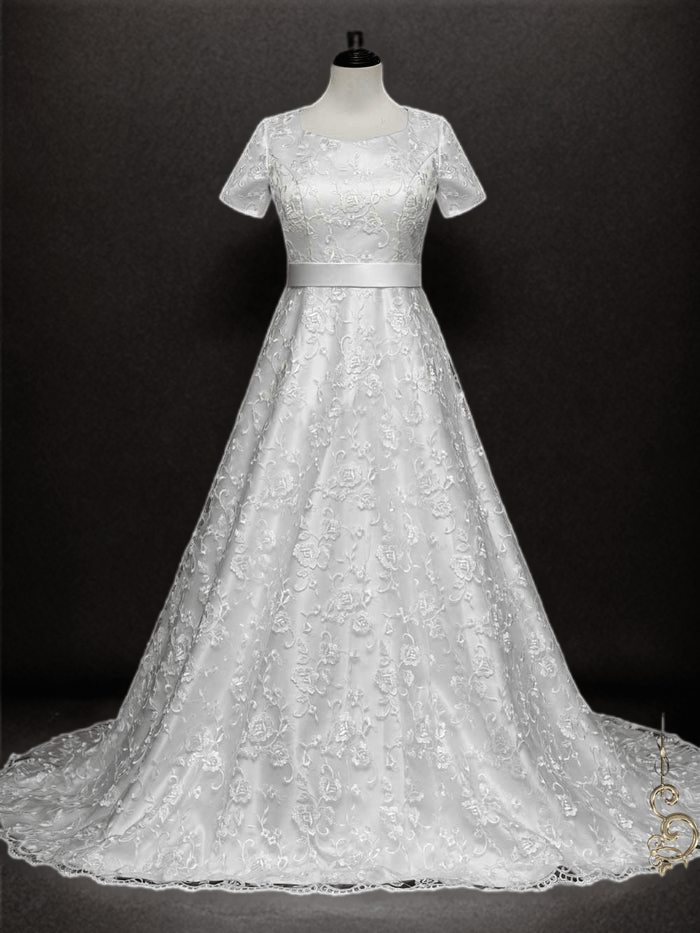 Timeless Sophistication: Modest Lace A-Line Wedding Dress with Short Sleeves - WonderlandByLilian