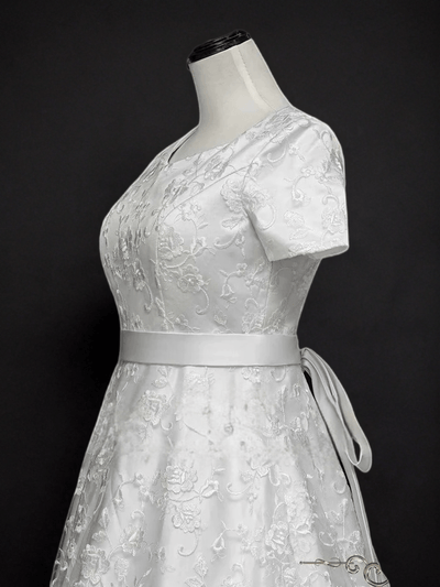 Timeless Sophistication: Modest Lace A-Line Wedding Dress with Short Sleeves - WonderlandByLilian