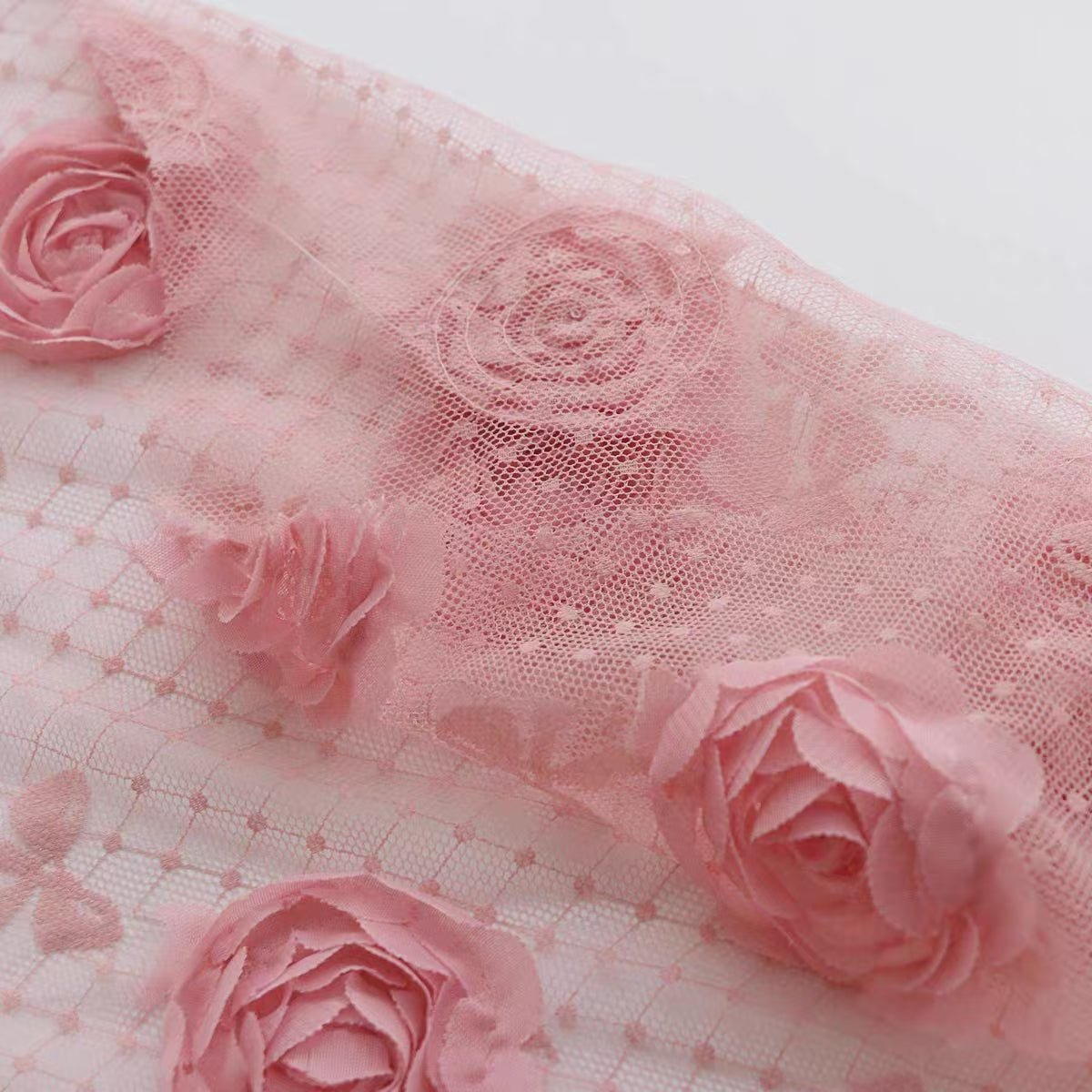 Translucent 3D Large Rose Floral Embroidered Tulle Lace Fabric in Soft Dusty Pink - WonderlandByLilian