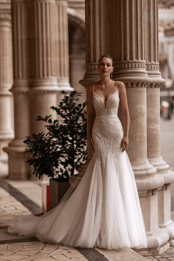 Trumpet Wedding Dress with Long Lace Sleeves – V - Neck Bridal Gown Trumpet Wedding Dress with Spaghetti Straps – Simple Bridal Gown with Pearl Back Straps and Sheer Train Plus Sizewith Rhinestones and Sheer Floral Waist Plus Size - WonderlandByLilian