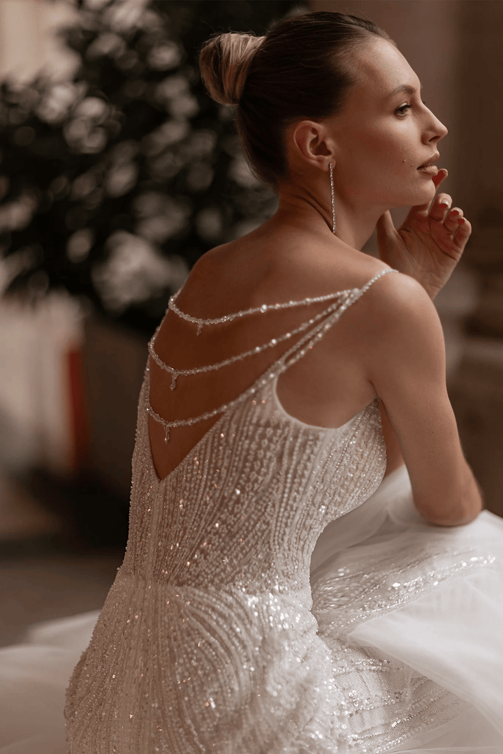 Trumpet Wedding Dress with Long Lace Sleeves – V - Neck Bridal Gown Trumpet Wedding Dress with Spaghetti Straps – Simple Bridal Gown with Pearl Back Straps and Sheer Train Plus Sizewith Rhinestones and Sheer Floral Waist Plus Size - WonderlandByLilian