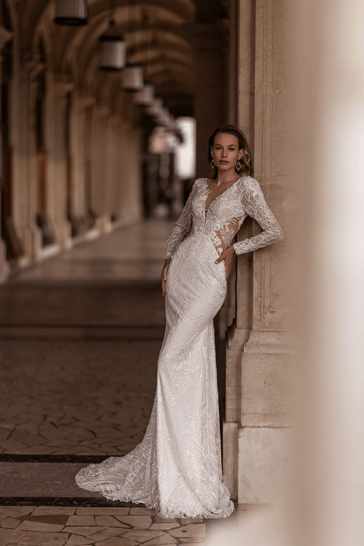 Trumpet Wedding Dress with Long Lace Sleeves – V - Neck Bridal Gown with Rhinestones and Sheer Floral Waist Plus Size - WonderlandByLilian