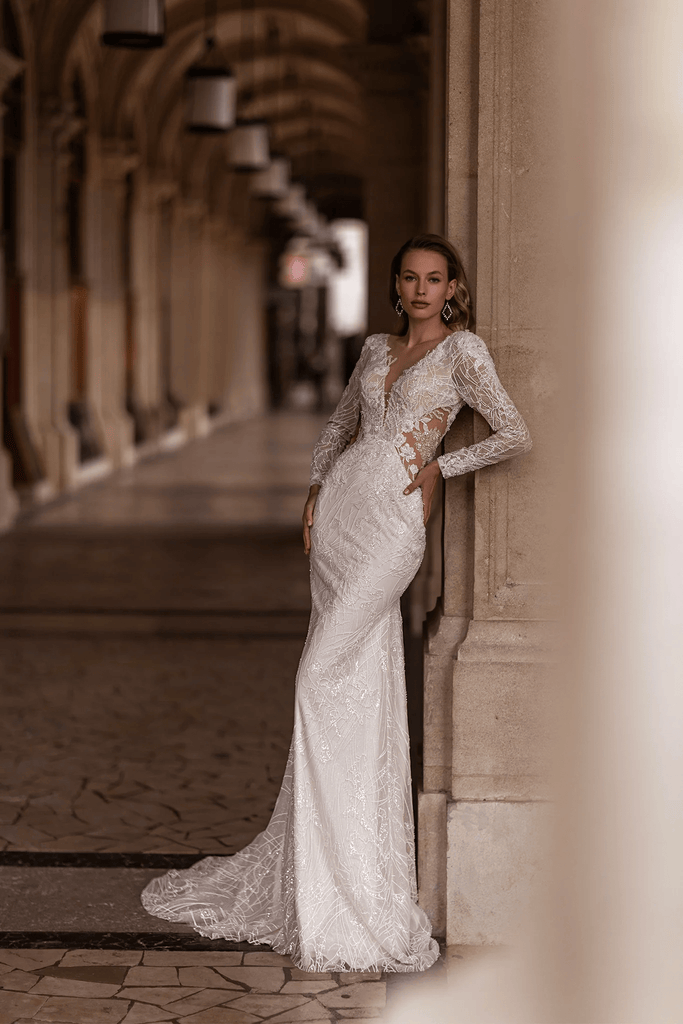 long sleeve trumpet wedding dress Satin Bridal Gown Ivette Sweep Train 8 Trumpet Wedding Dress with Long