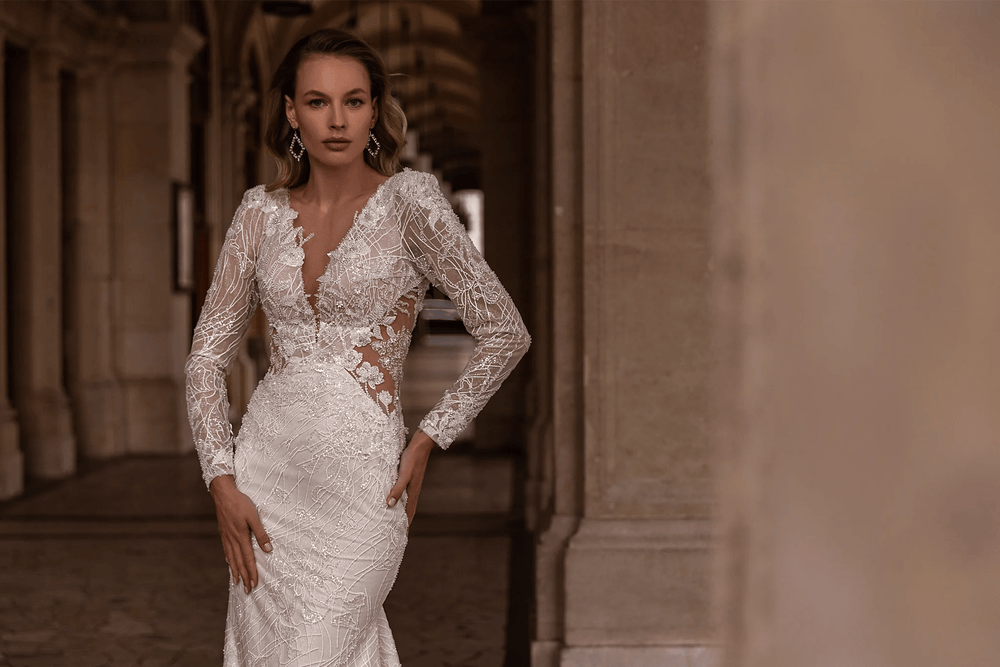 Trumpet Wedding Dress with Long Lace Sleeves – V - Neck Bridal Gown with Rhinestones and Sheer Floral Waist Plus Size - WonderlandByLilian